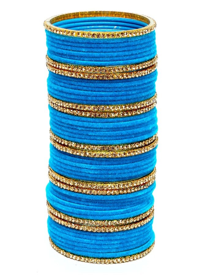 JD'Z COLLECTION Indian Jewelry CZ Stone Bangles Set for Women, Set of 48 Bangle, Bollywood Bangle Bracelet | Indian Bangles for Women | Perfect for Ethnic Ocassions | Bridal | Traditional Jewelry | Velvet Bangle (Firozi, 2.6 (Inner Dia-2.37 inches)) - Image 2